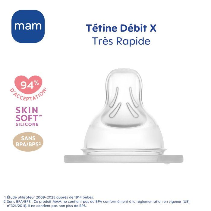 MAM Anatomic Teat - Fast X Flow and Thick Liquid - Silicone - Pack of 2 - Transparent