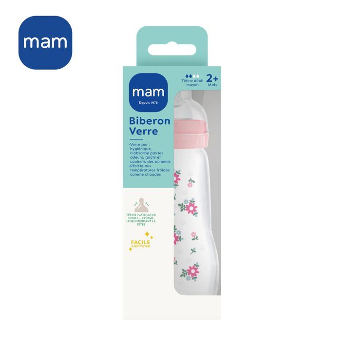 MAM Glass Bottle - 260ml - 0 to 6 Months - Teat Flow 2 - Pink