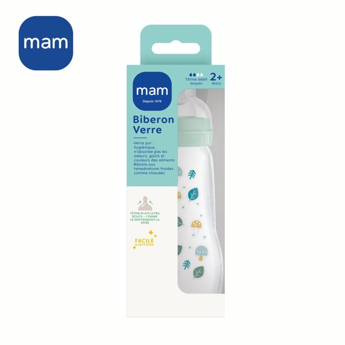 MAM Glass Bottle - 260ml - 0 to 6 months - Teat Flow 2 - Blue