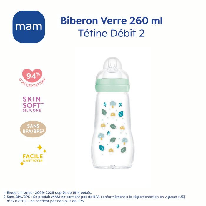 MAM Glass Bottle - 260ml - 0 to 6 months - Teat Flow 2 - Blue