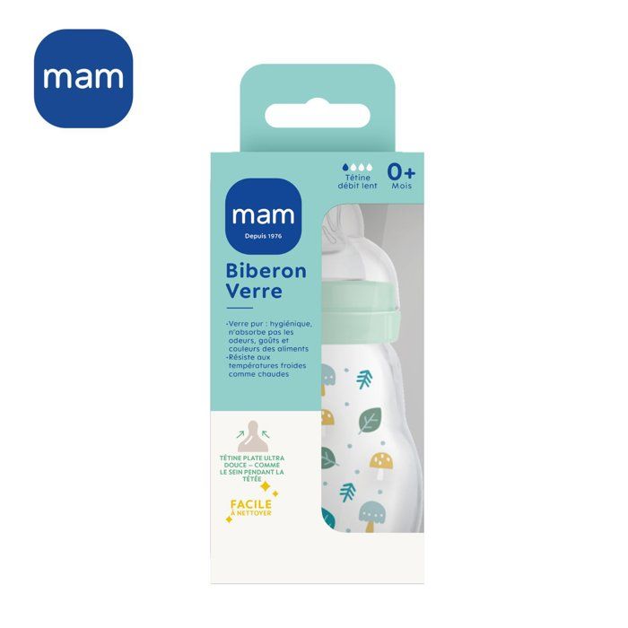 MAM Glass Baby Bottle - 170ml - Blue - Teat Flow 1