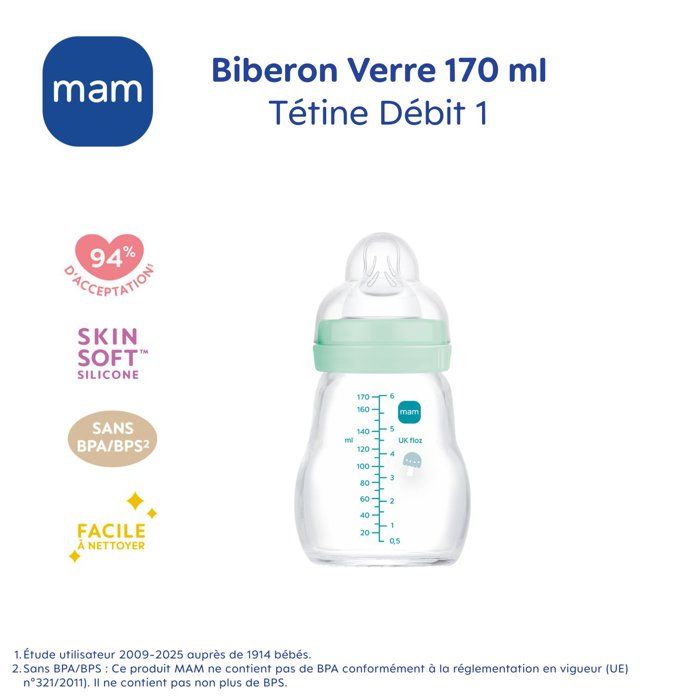 MAM Glass Baby Bottle - 170ml - Blue - Teat Flow 1