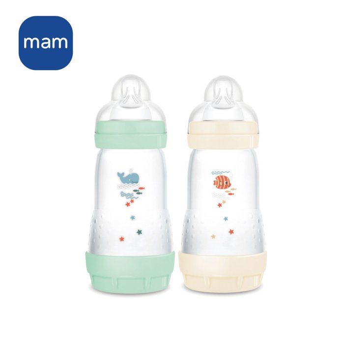 Set of 2 Baby Bottles - MAM - Easy Start - Classic Anti-colic - 260 ml - Teat flow 2 - Mint + Cotton