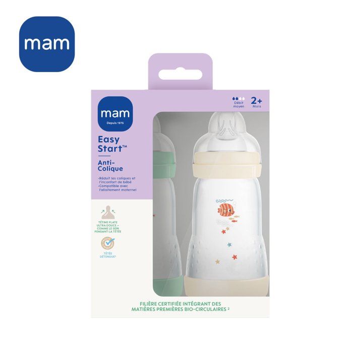 Set of 2 Baby Bottles - MAM - Easy Start - Classic Anti-colic - 260 ml - Teat flow 2 - Mint + Cotton