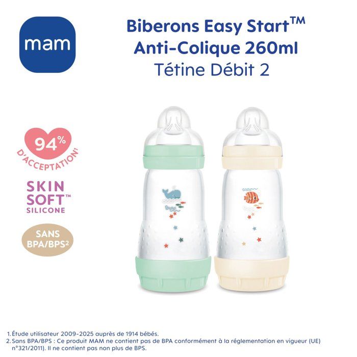 Set of 2 Baby Bottles - MAM - Easy Start - Classic Anti-colic - 260 ml - Teat flow 2 - Mint + Cotton