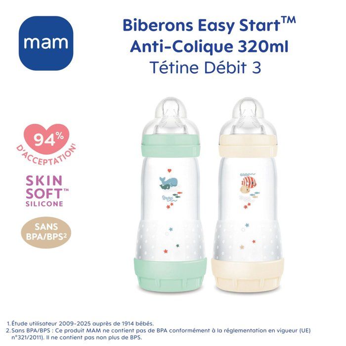 Set of 2 Baby Bottles - MAM - Easy Start - Classic Anti-colic - 320 ml - Teat flow 3 - Mint + Cotton