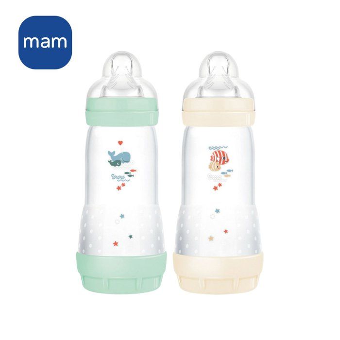 Set of 2 Baby Bottles - MAM - Easy Start - Classic Anti-colic - 320 ml - Teat flow 3 - Mint + Cotton