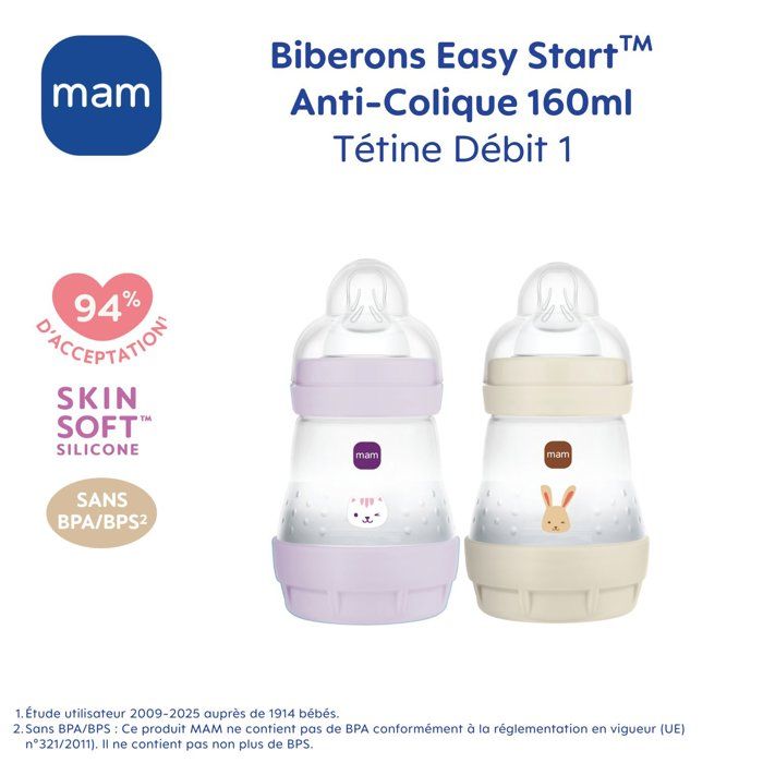 Set of 2 Baby Bottles - MAM - Easy Start - Anti-colic - 160 ml - Teat flow 1 - Lilac + Sand