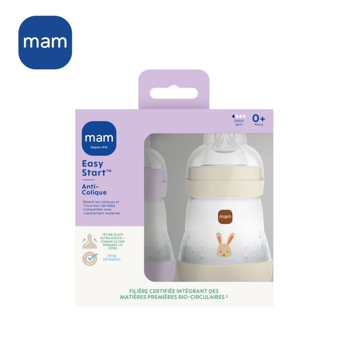 Set of 2 Baby Bottles - MAM - Easy Start - Anti-colic - 160 ml - Teat flow 1 - Lilac + Sand