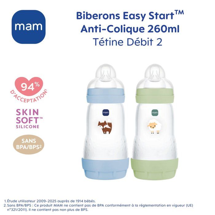 Set of 2 Baby Bottles - MAM - Easy Start / Anti-Colic - 260 ml - Flow 2 Teat - Ocean + Sand