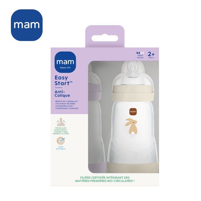 Set of 2 Baby Bottles - MAM - Easy Start / Anti-Colic - 260 ml - Flow 2 Teat - Lilac + Sand