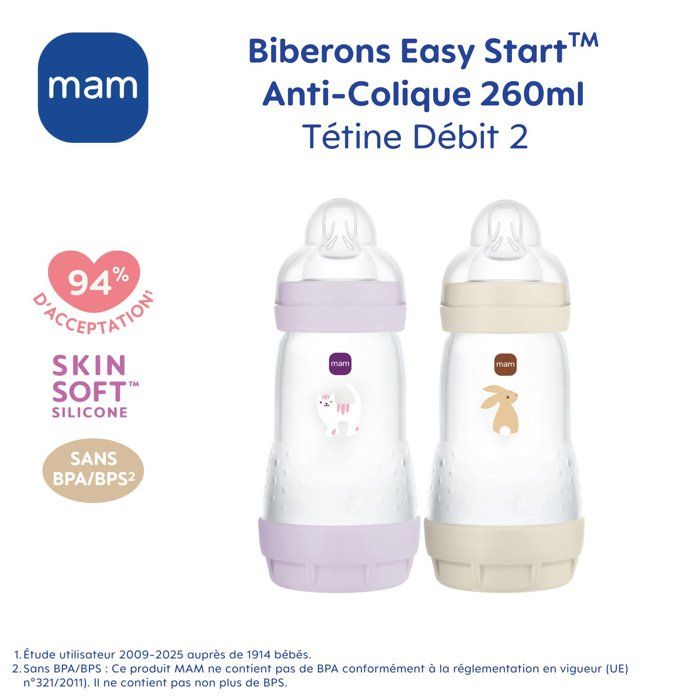 Set of 2 Baby Bottles - MAM - Easy Start / Anti-Colic - 260 ml - Flow 2 Teat - Lilac + Sand
