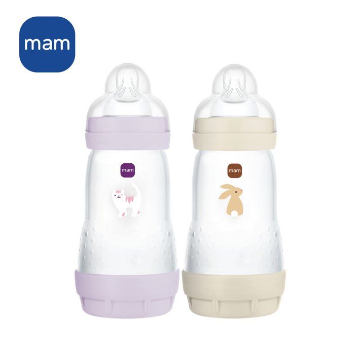 Set of 2 Baby Bottles - MAM - Easy Start / Anti-Colic - 260 ml - Flow 2 Teat - Lilac + Sand