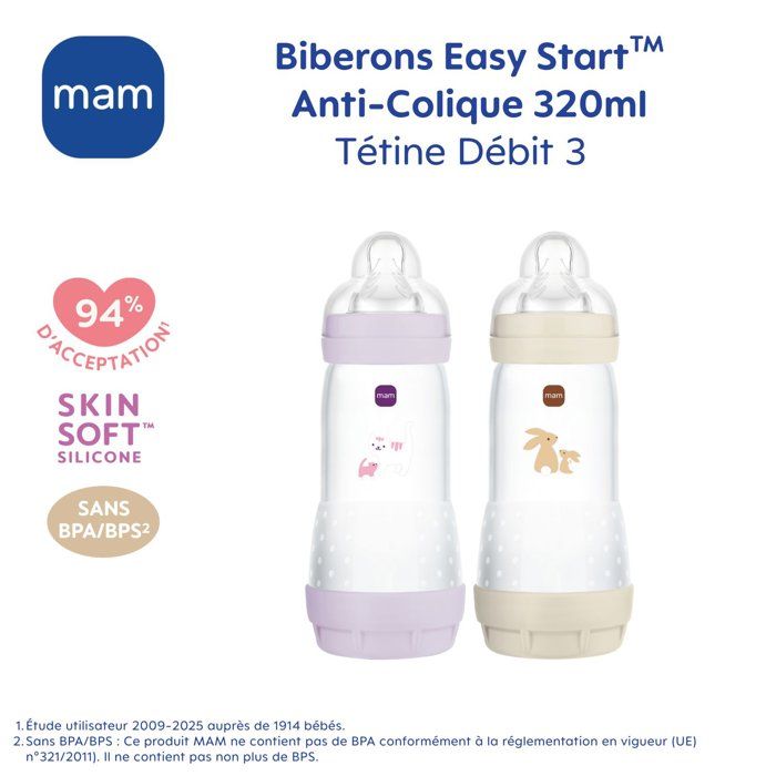 Set of 2 Baby Bottles - MAM - Easy Start - Anti-colic - 320 ml - Teat flow 3 - Lilac + Sand