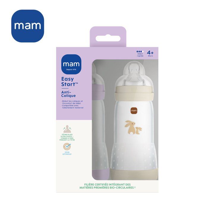 Set of 2 Baby Bottles - MAM - Easy Start - Anti-colic - 320 ml - Teat flow 3 - Lilac + Sand