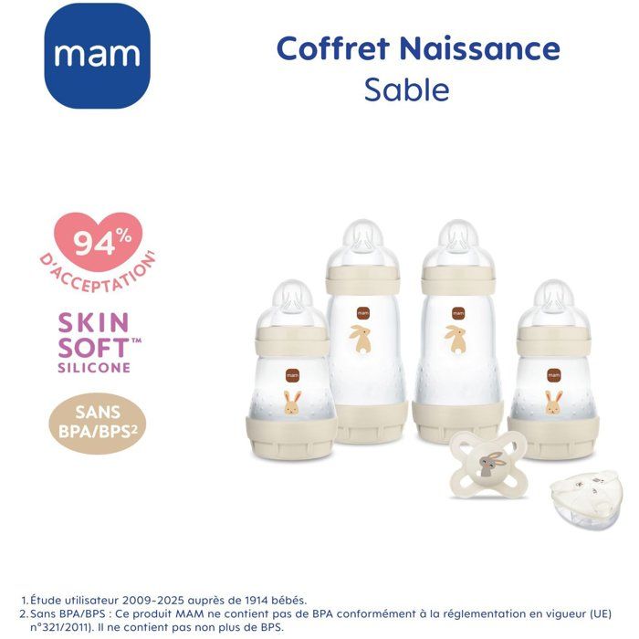 Birth Box - MAM - 4 Baby Bottles + 1 Pacifier + 1 Dosing Box - Sand