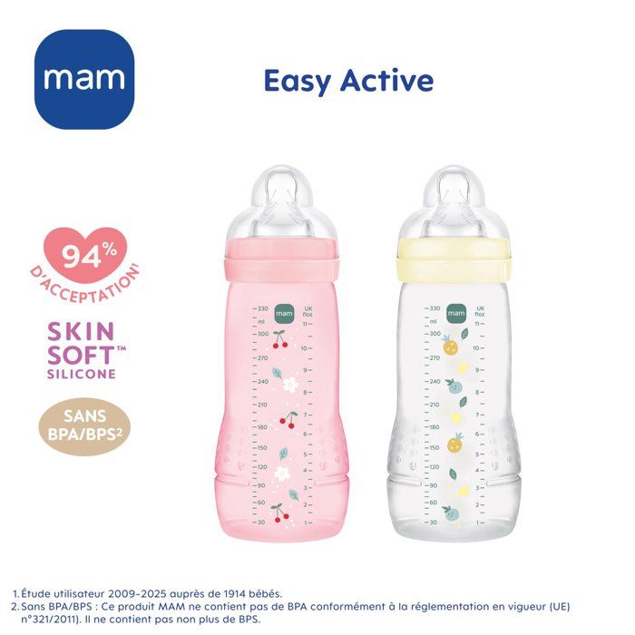 Set of 2 Bottles - MAM BABY - Easy Active - +6 months - 330 ml - X flow teat - Berry + Pearl