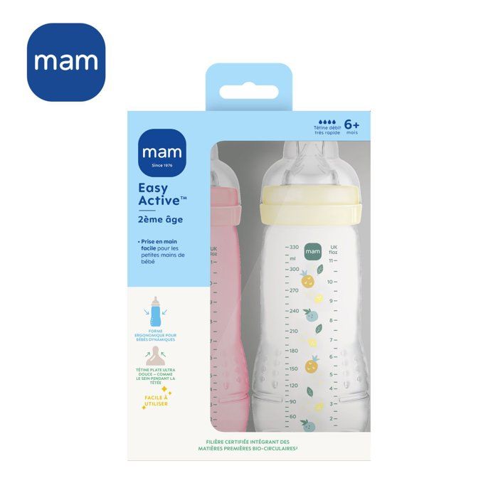 Set of 2 Bottles - MAM BABY - Easy Active - +6 months - 330 ml - X flow teat - Berry + Pearl