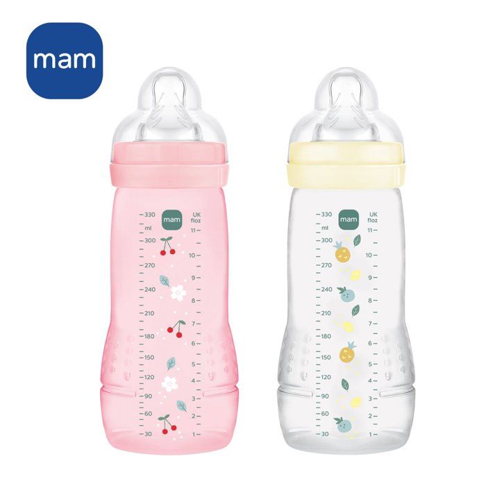 Set of 2 Bottles - MAM BABY - Easy Active - +6 months - 330 ml - X flow teat - Berry + Pearl