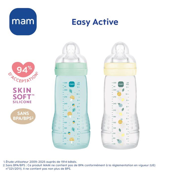 Set of 2 Bottles - MAM BABY - Easy Active - +6 months - 330 ml - X flow teat - Ice + Pearl