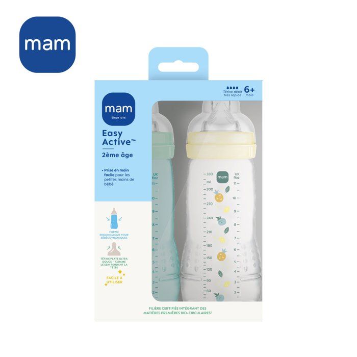 Set of 2 Bottles - MAM BABY - Easy Active - +6 months - 330 ml - X flow teat - Ice + Pearl