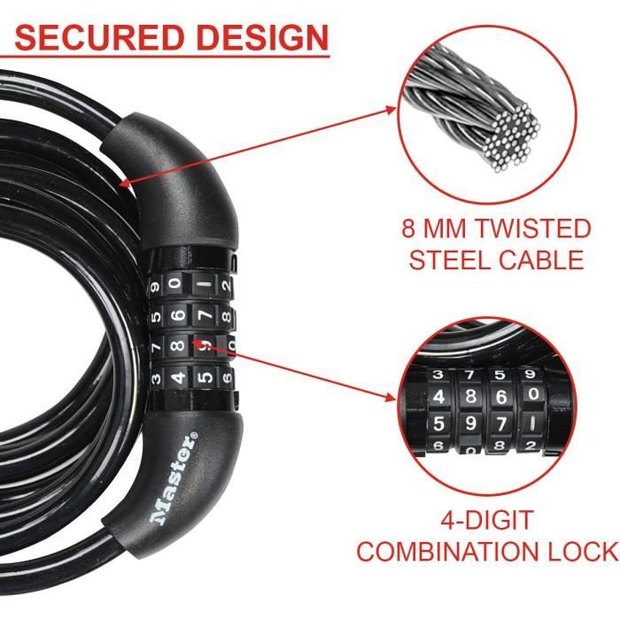 Bicycle Lock - MASTER LOCK - 8221EURDPRO - 1.8m twisted cable - Programmable combination