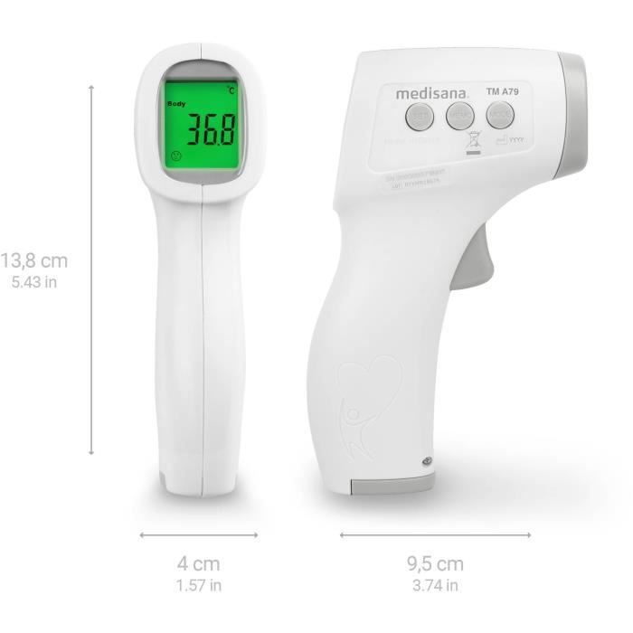 Non-contact thermometer TM A79 medisana. Visual (3 colors) and audible alarms. Certified medical device. 50 memories.