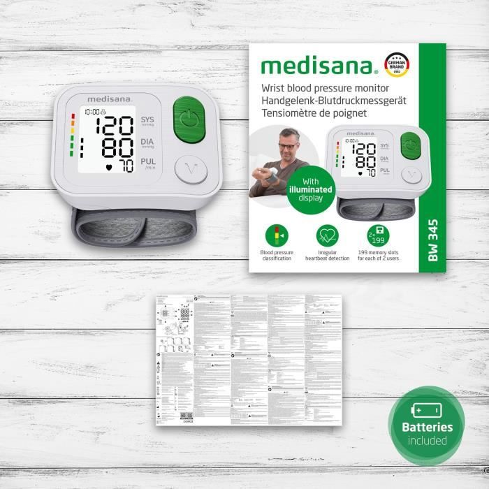 Wrist Blood Pressure Monitor - MEDISANA - BW 345 - Arrhythmia Measurement - XL Digits - 398 Memories - Certified Medical Device