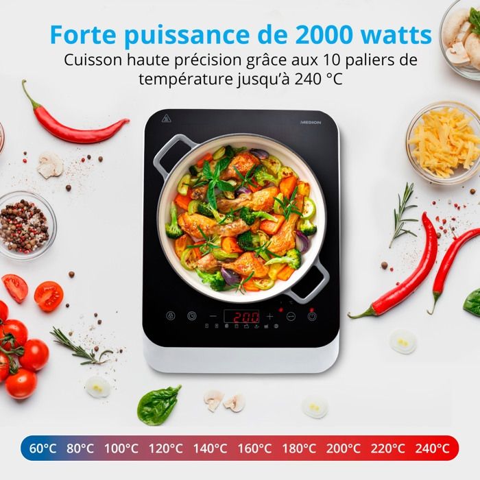 Induction Hob - MEDION MD18490 - 1 Burner - 2000W - 60/240°C - 8 Programs - L 29 x D 36 x H 6 cm - White/Black
