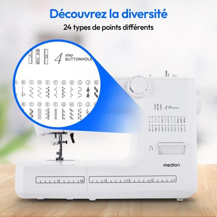 Sewing Machine - MEDION - SM 60 - 62W - 24 Stitches + Double Stitches - 700 rpm - LED - White