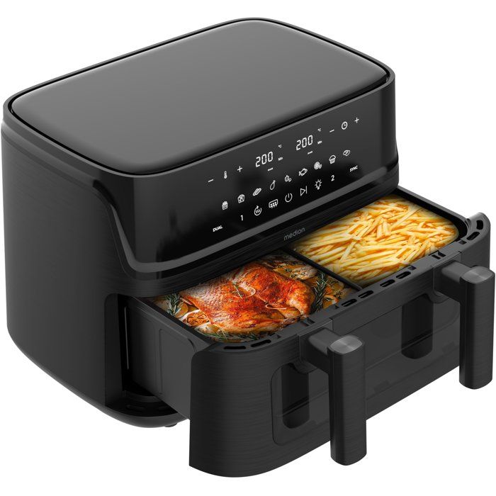 Air Fryer - MEDION - P25 XXL Flex M - Large 10.8 L Capacity - Divider - 3040 W - Matte Black Finish - 43 x 38.8 x 31.5 cm