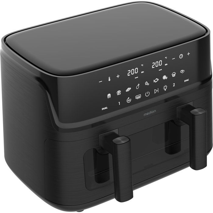 Air Fryer - MEDION - P25 XXL Flex M - Large 10.8 L Capacity - Divider - 3040 W - Matte Black Finish - 43 x 38.8 x 31.5 cm