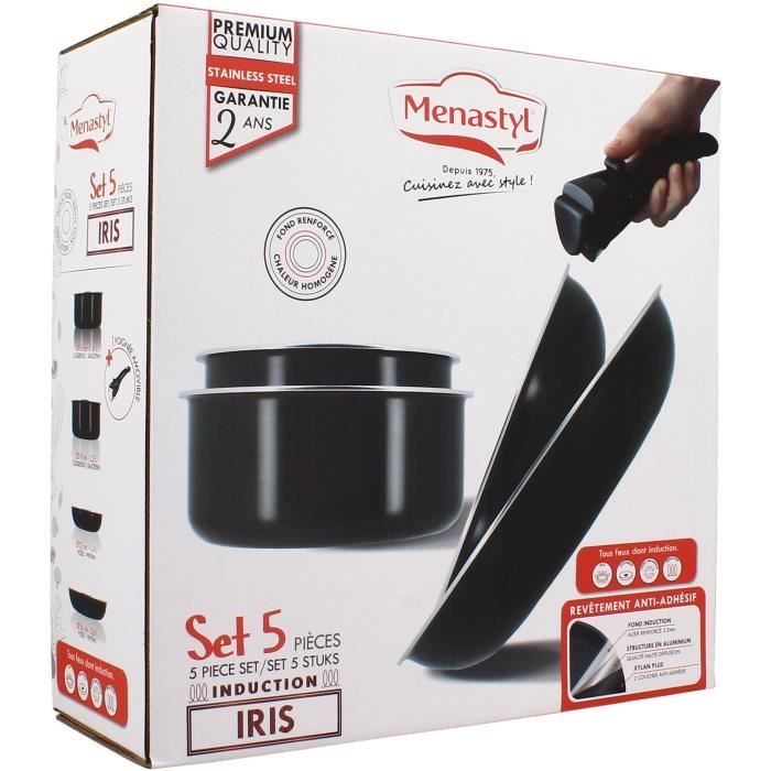 Cookware set - Induction - MENASTYL - 6020437 - Non-stick aluminum - 5 pieces - Removable handle - Black