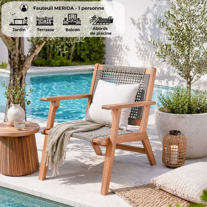 FSC acacia wooden garden armchair and braided resin - Merida model - olive green