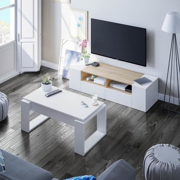 Liftable coffee table - White melamine - L 105 x D 55 x H 45 cm NOVA