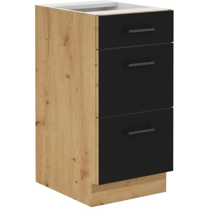 MODENA - Low cabinet with saucepan - 3 drawers - 40 cm - Artisan oak / Matt black - Worktop not included