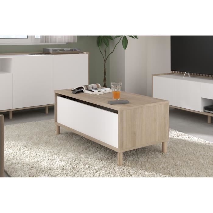 MORPHOS lift-up coffee table - L 100 x D 50 x H 43.6 cm - Rectangular - White / Oak decor - PARISOT