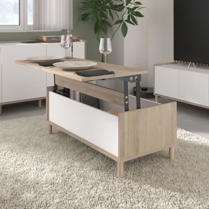 MORPHOS lift-up coffee table - L 100 x D 50 x H 43.6 cm - Rectangular - White / Oak decor - PARISOT