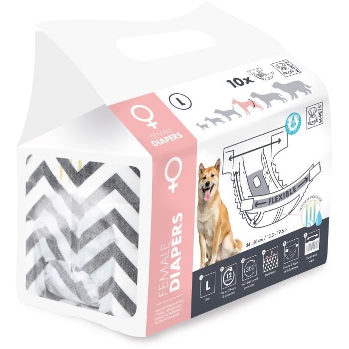 Dog Diapers - M PETS - DIAPERS Female L x10 - Waist size 32-52 cm - 8-15 kg - Wetness indicator - 12h protection
