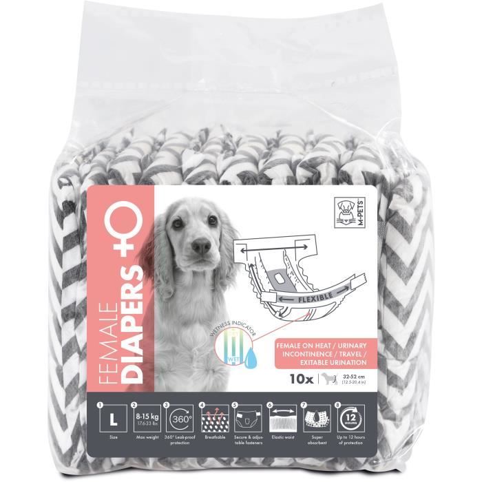 Dog Diapers - M PETS - DIAPERS Female L x10 - Waist size 32-52 cm - 8-15 kg - Wetness indicator - 12h protection