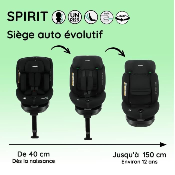 Isofix car seat NANIA SPIRIT 40-150 cm R129  0 to 10 years  Rear facing 40-105 cm  Adjustable headrest  Reclining  Swiveling  Black