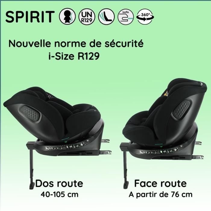 Isofix car seat NANIA SPIRIT 40-150 cm R129  0 to 10 years  Rear facing 40-105 cm  Adjustable headrest  Reclining  Swiveling  Black