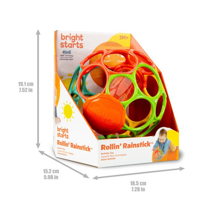 BRIGHT STARS Oball Easy-Grip Rain Stick BPA-Free Infant Toy, Red, Yellow, Green & Blue, for Newborns