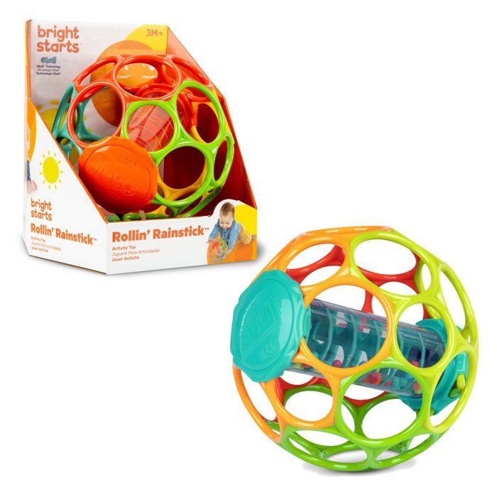 BRIGHT STARS Oball Easy-Grip Rain Stick BPA-Free Infant Toy, Red, Yellow, Green & Blue, for Newborns