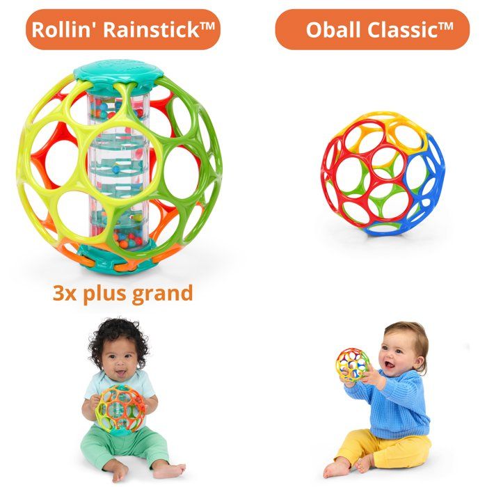 BRIGHT STARS Oball Easy-Grip Rain Stick BPA-Free Infant Toy, Red, Yellow, Green & Blue, for Newborns