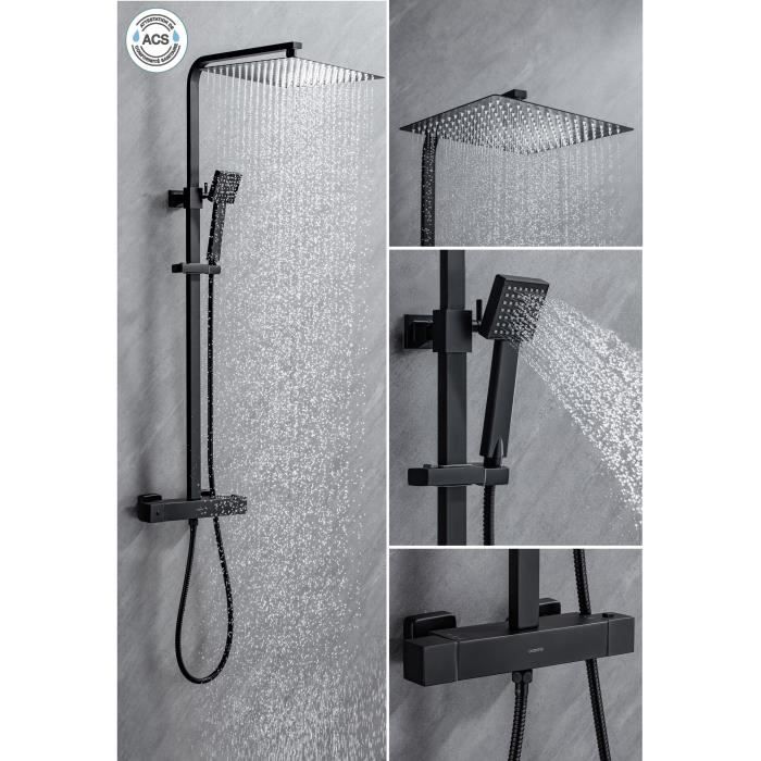 Oceanic shower column - Thermostatic mixer Cold body - High square apple 30x30 cm - matt black