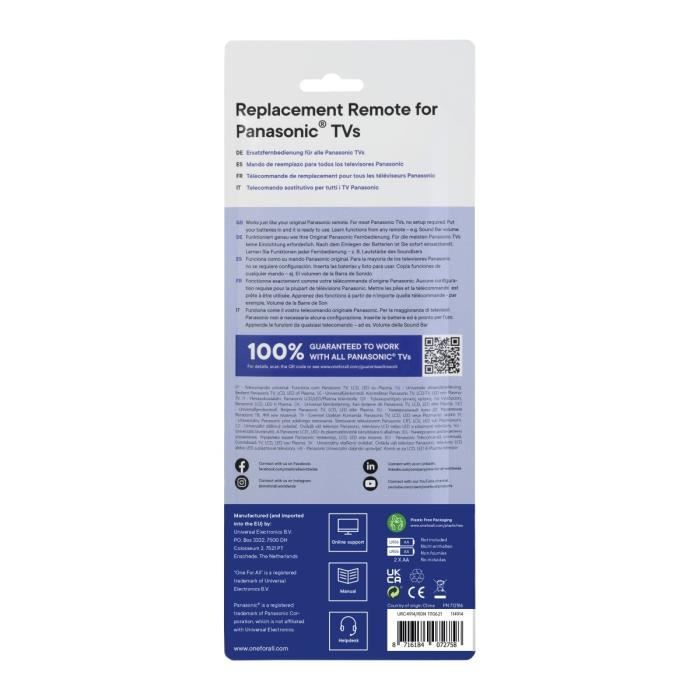 ONE FOR ALL URC4914 - Replacement remote control for Panasonic TV