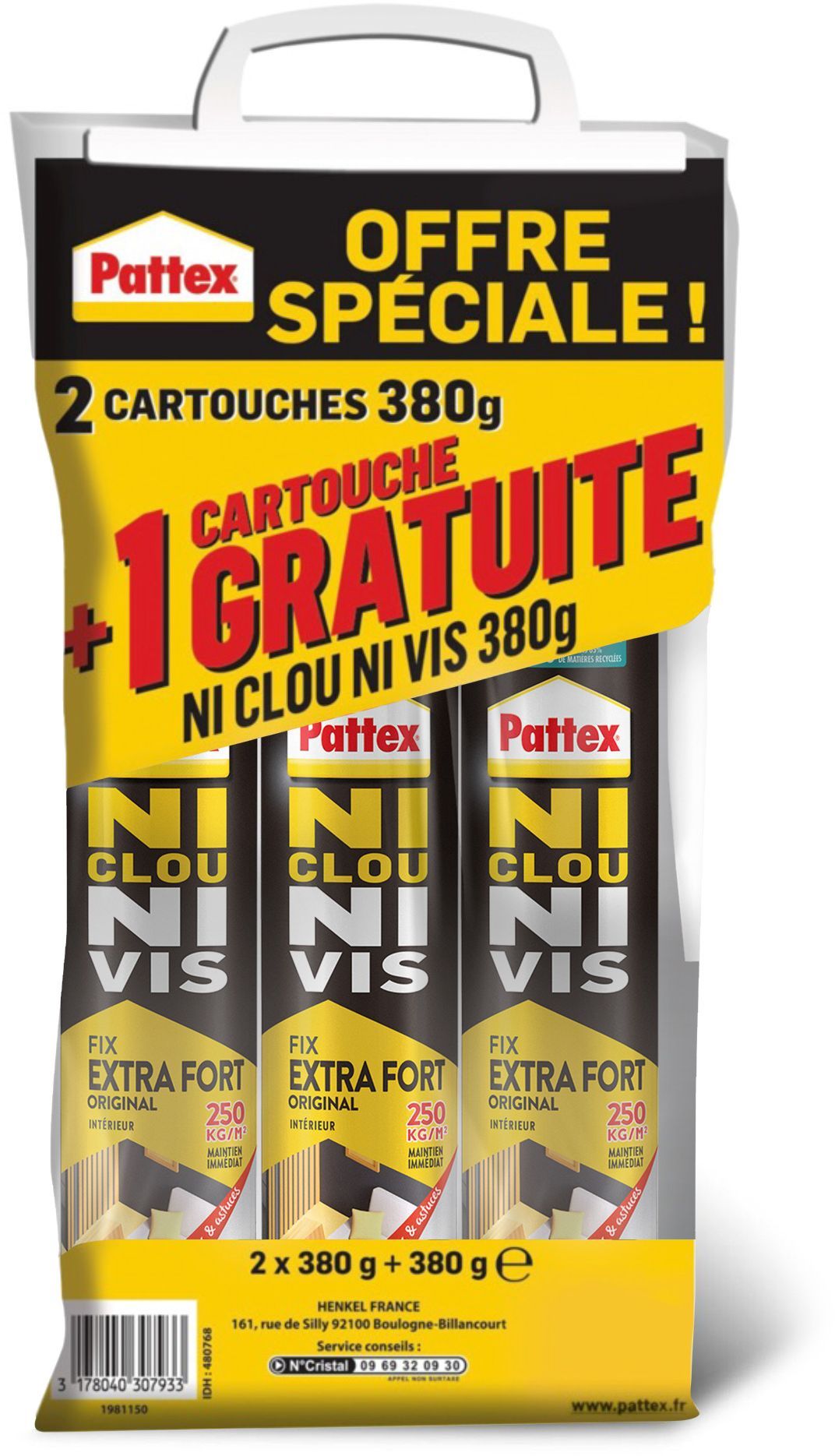 Pattex neither navel ni chrono screw - lot of 2 cartridges 310ml 380g + 1 free