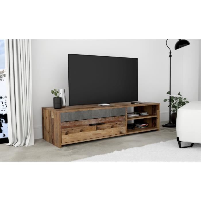 TV unit 1 drawer 2 niches - Old wood and dark gray concrete decor - L 120 x D 42.1 x H 31.8 cm - PACO