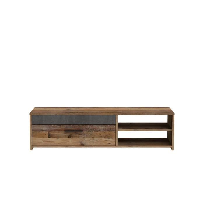 TV unit 1 drawer 2 niches - Old wood and dark gray concrete decor - L 120 x D 42.1 x H 31.8 cm - PACO